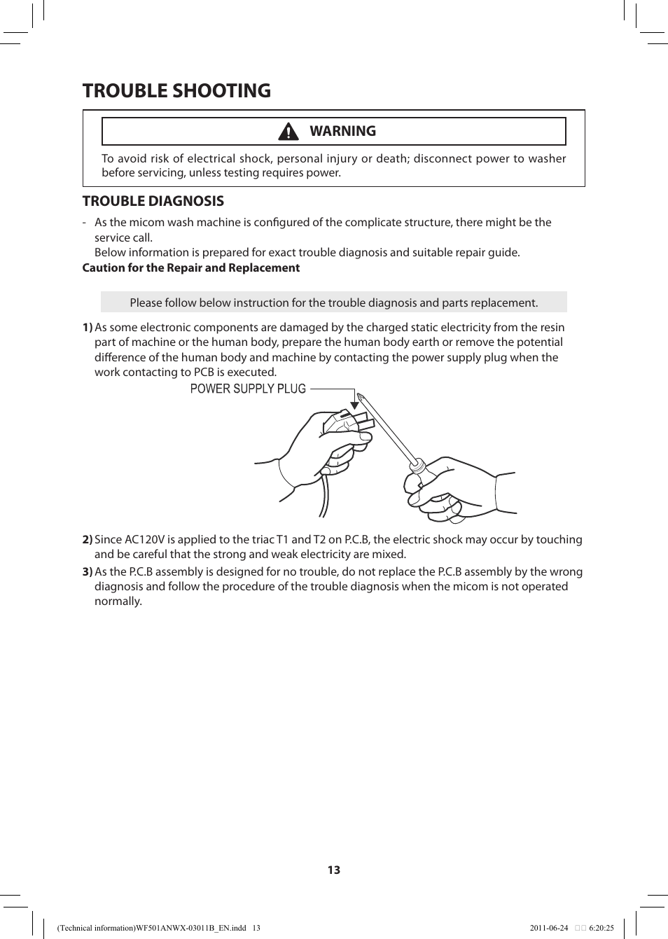 Trouble shooting, Trouble diagnosis, Warning | Samsung WF501ANW-XAA User Manual | Page 13 / 20