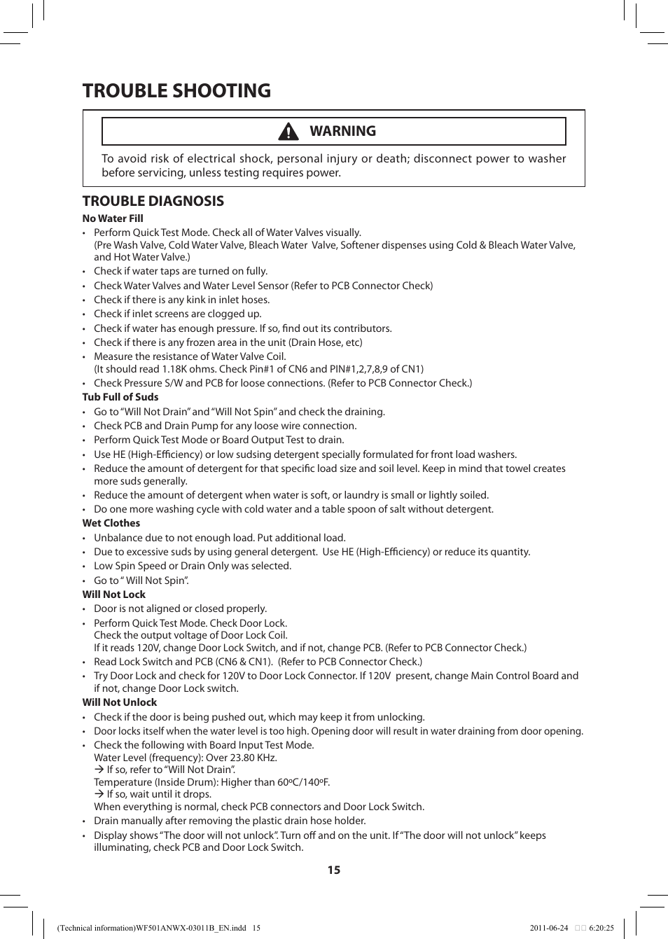 Trouble shooting, Trouble diagnosis, Warning | Samsung WF501ANW-XAA User Manual | Page 15 / 20