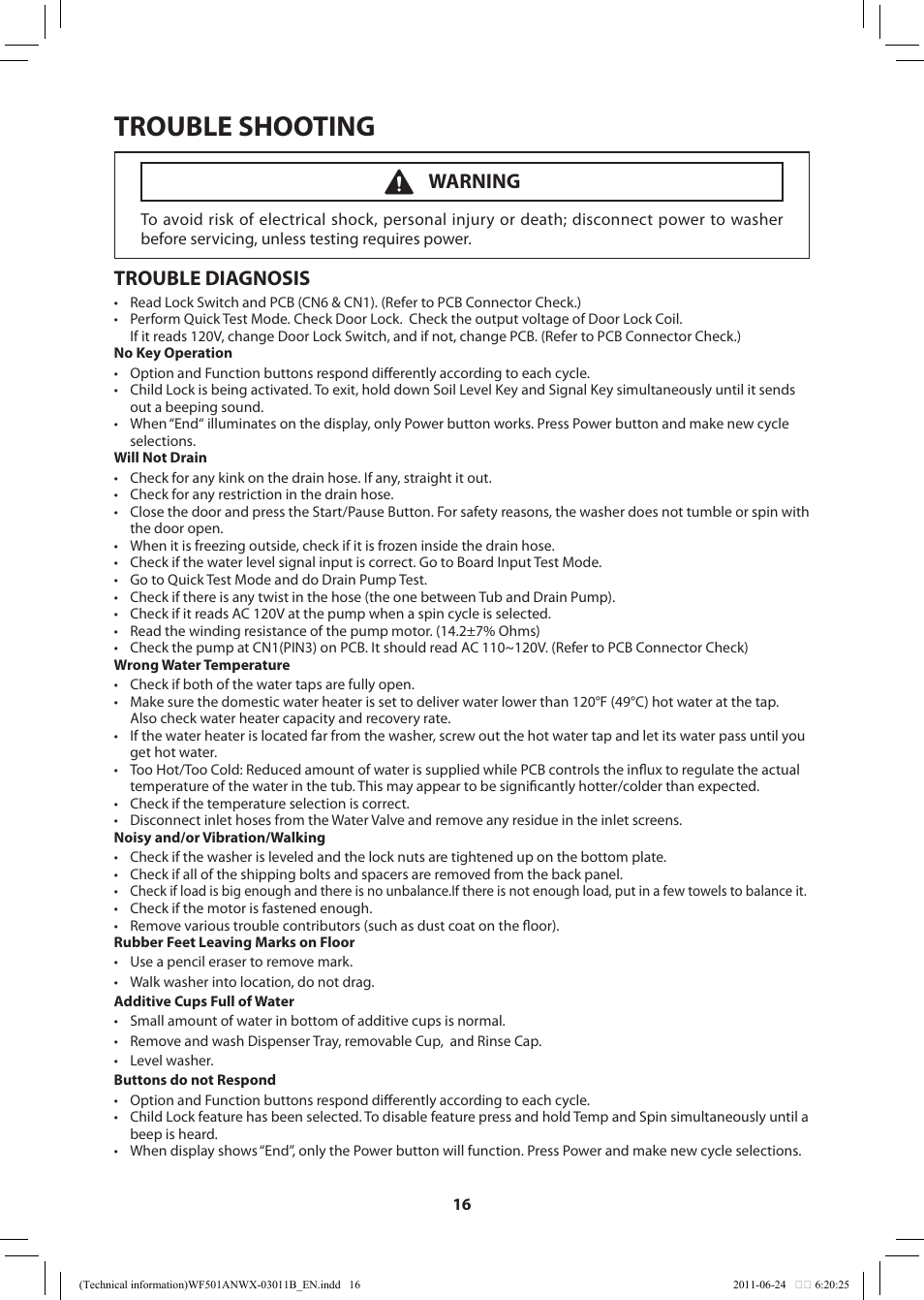 Trouble shooting, Trouble diagnosis, Warning | Samsung WF501ANW-XAA User Manual | Page 16 / 20