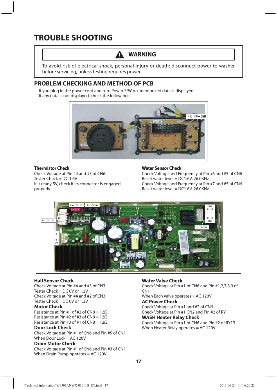 Trouble shooting, Problem checking and method of pcb, Warning | Samsung WF501ANW-XAA User Manual | Page 17 / 20