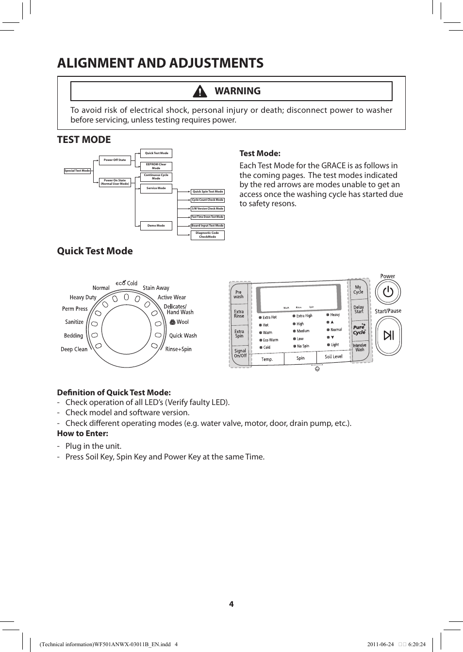 Alignment and adjustments, Test mode, Quick test mode | Warning | Samsung WF501ANW-XAA User Manual | Page 4 / 20