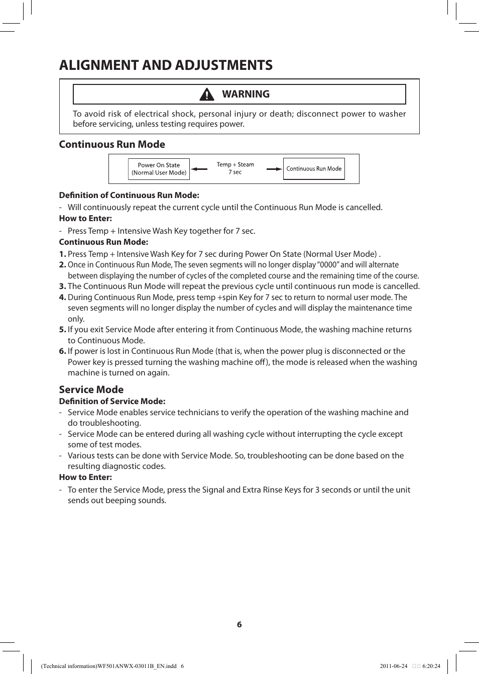 Alignment and adjustments, Continuous run mode, Service mode | Warning | Samsung WF501ANW-XAA User Manual | Page 6 / 20
