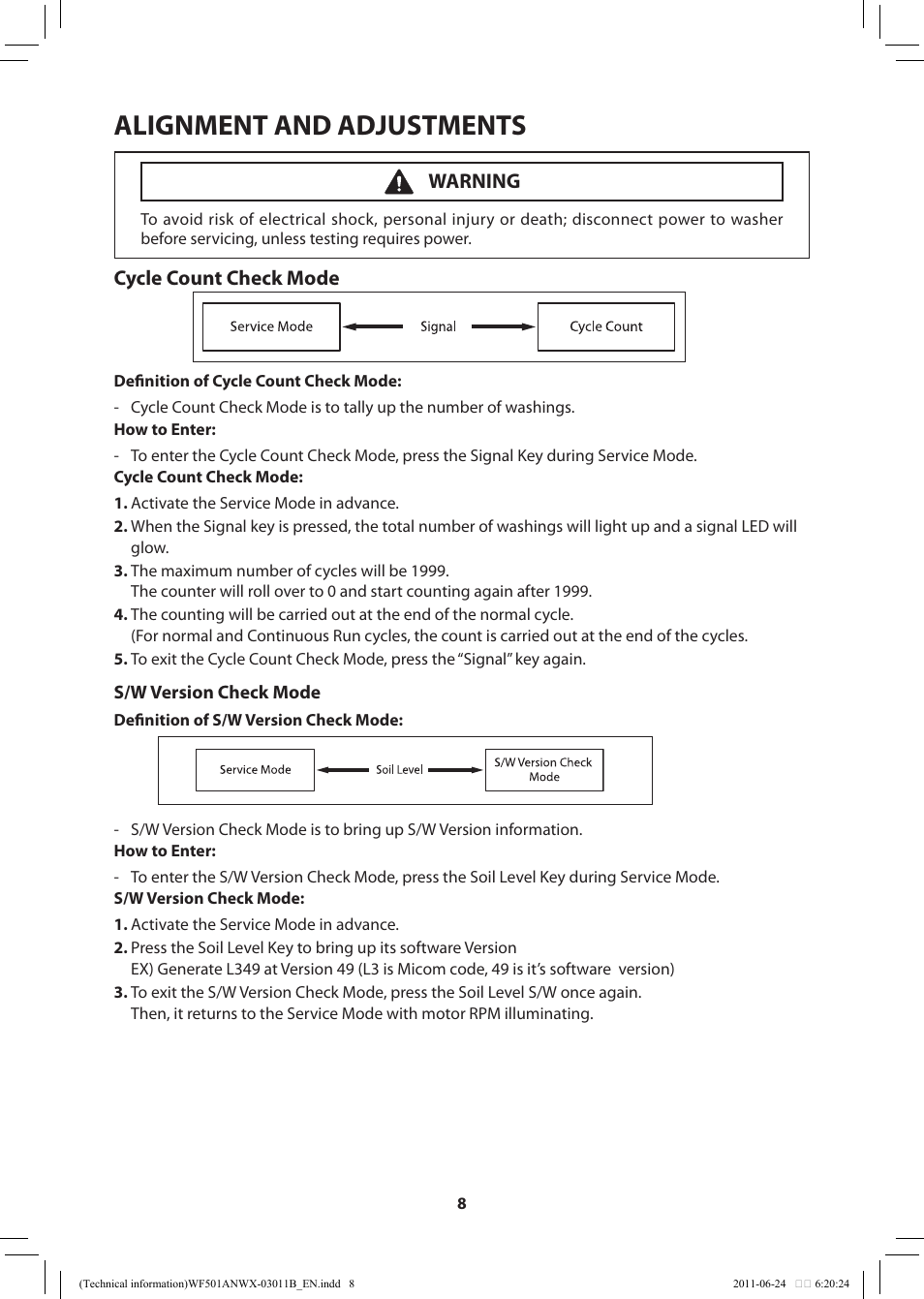 Alignment and adjustments, Cycle count check mode, Warning | Samsung WF501ANW-XAA User Manual | Page 8 / 20