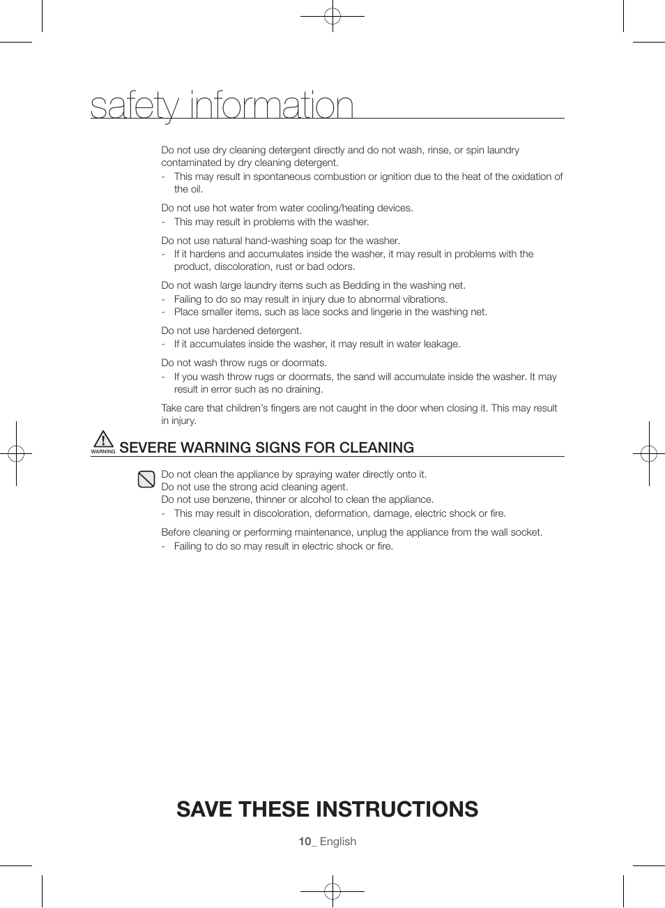 Safety information, Save these instructions, Severe warning signs for cleaning | Samsung WF45H6300AW-A2 User Manual | Page 10 / 144