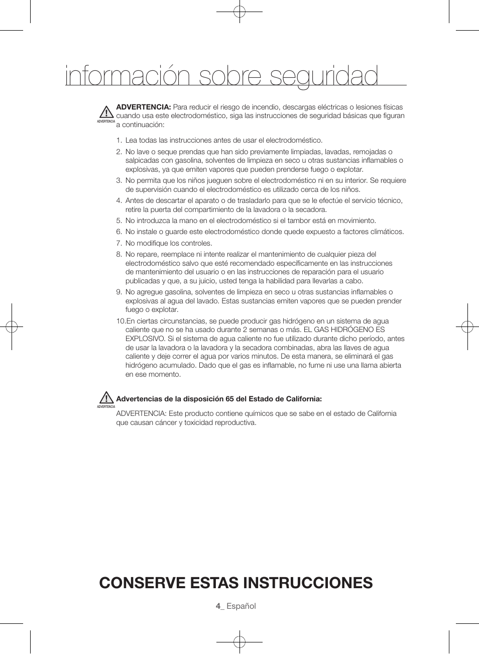 Información sobre seguridad, Conserve estas instrucciones | Samsung WF45H6300AW-A2 User Manual | Page 100 / 144