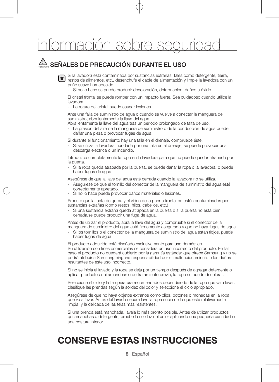 Información sobre seguridad, Conserve estas instrucciones, Señales de precaución durante el uso | Samsung WF45H6300AW-A2 User Manual | Page 104 / 144