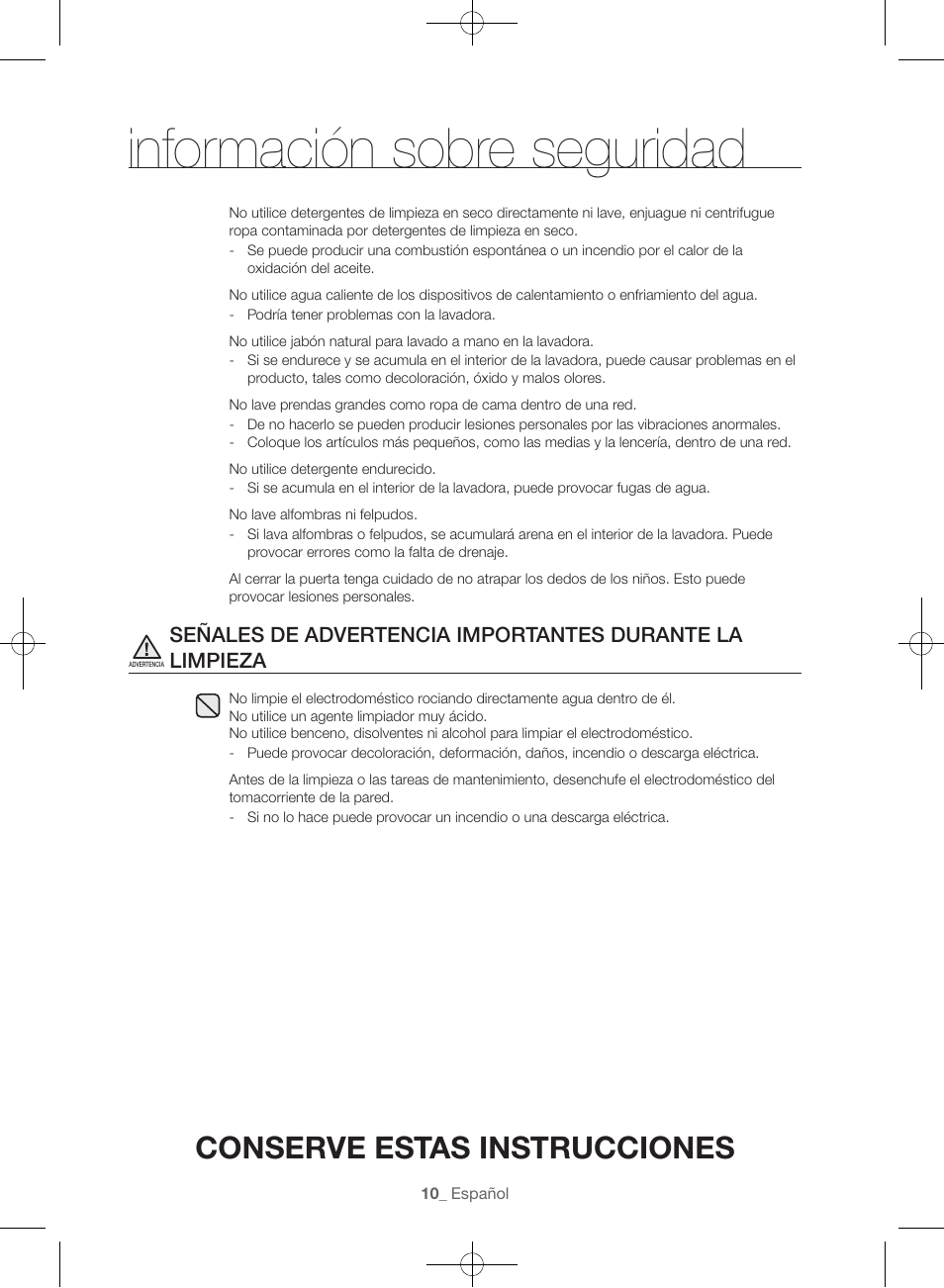 Información sobre seguridad, Conserve estas instrucciones | Samsung WF45H6300AW-A2 User Manual | Page 106 / 144