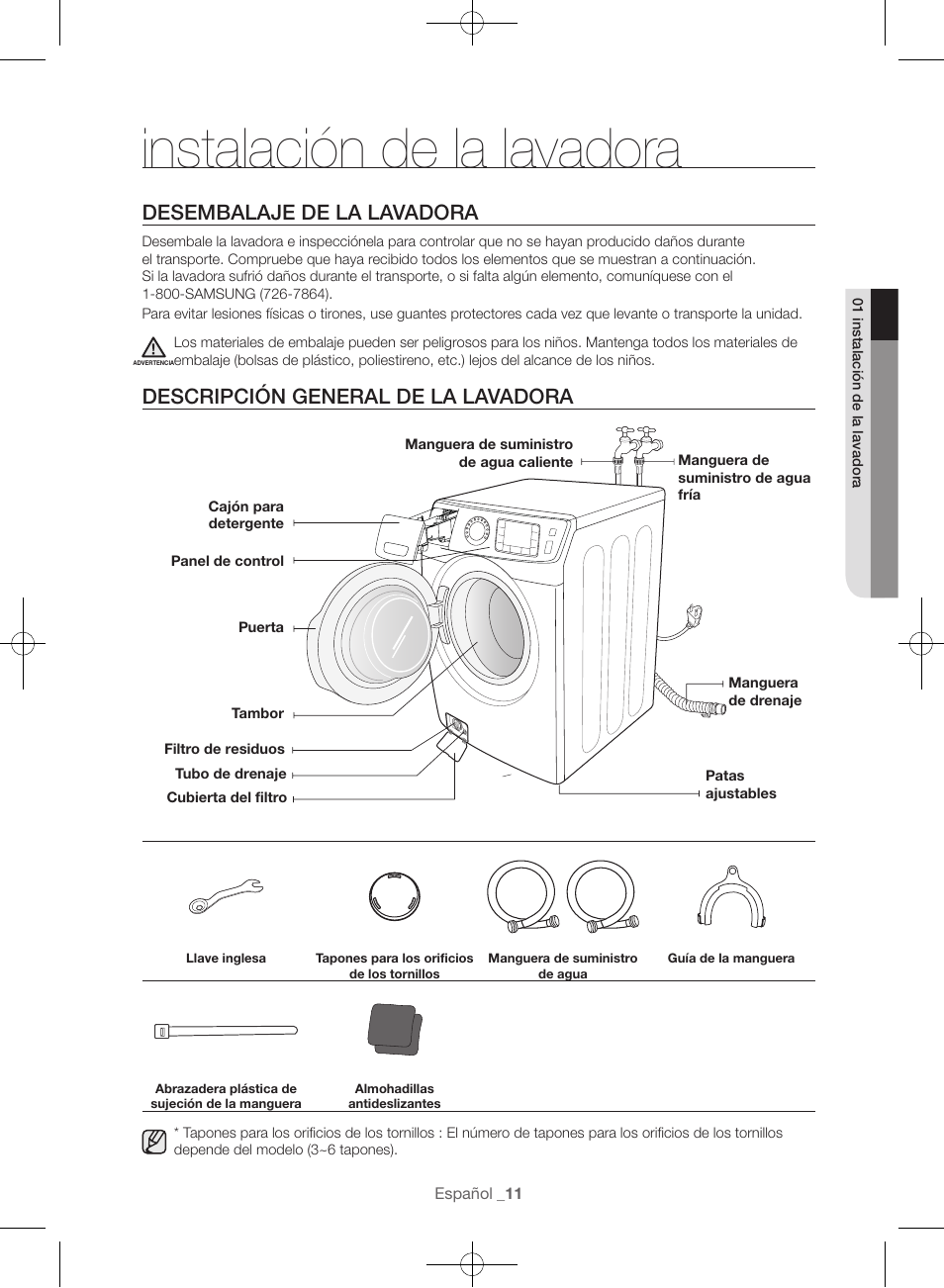 Instalación de la lavadora, Desembalaje de la lavadora, Descripción general de la lavadora | Samsung WF45H6300AW-A2 User Manual | Page 107 / 144