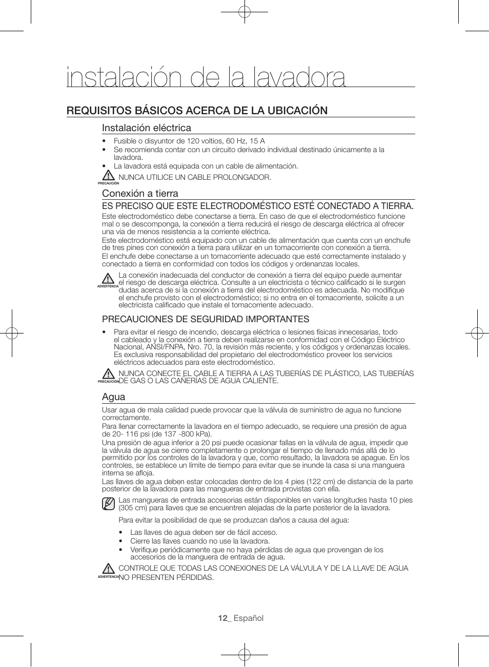 Instalación de la lavadora, Requisitos básicos acerca de la ubicación, Instalación eléctrica | Conexión a tierra, Agua | Samsung WF45H6300AW-A2 User Manual | Page 108 / 144