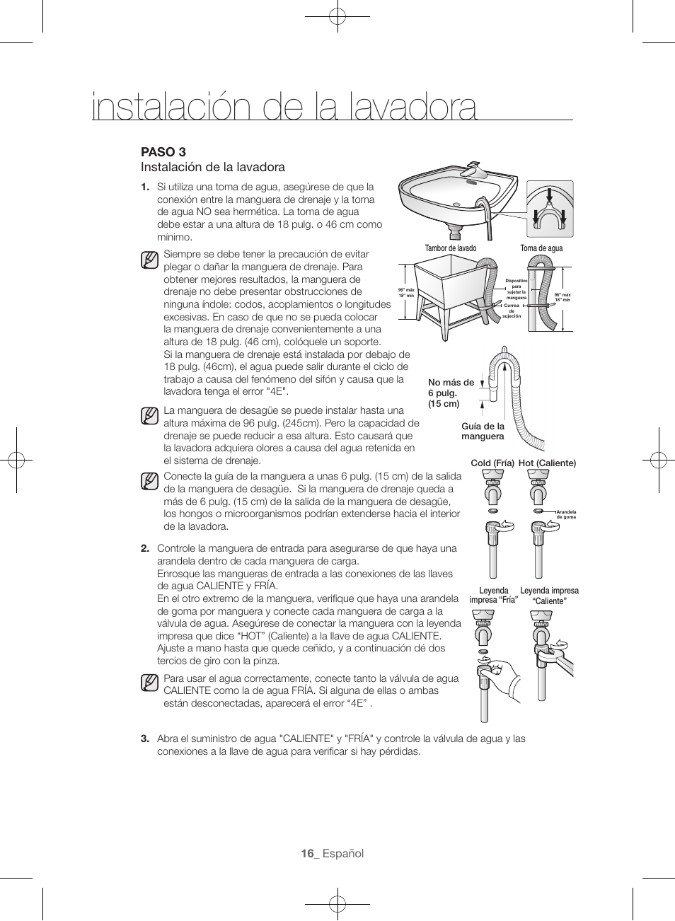 Instalación de la lavadora, Paso 3 instalación de la lavadora | Samsung WF45H6300AW-A2 User Manual | Page 112 / 144