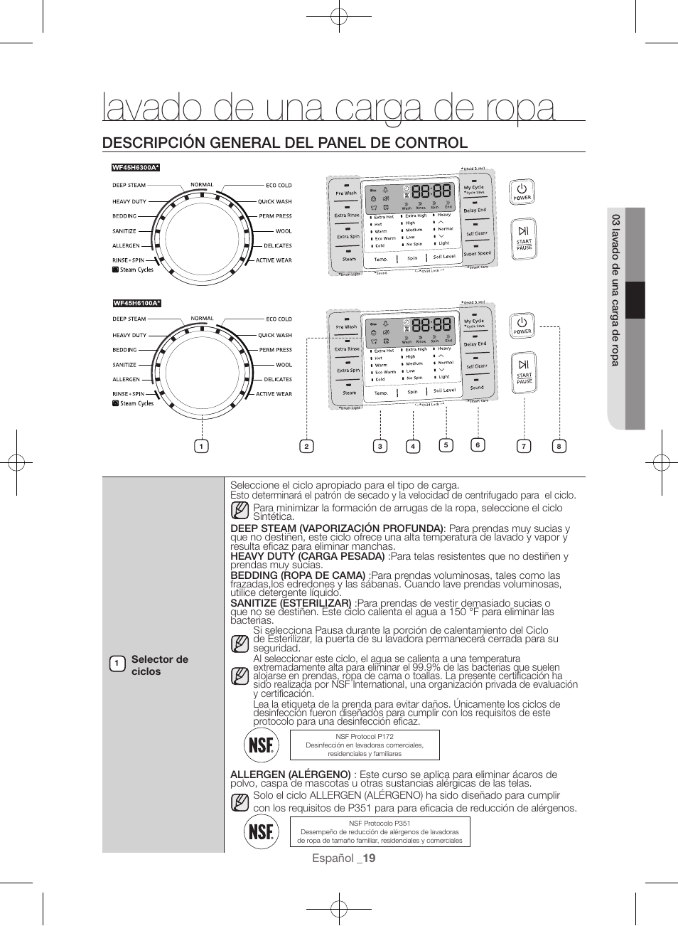 Lavado de una carga de ropa, Descripción general del panel de control | Samsung WF45H6300AW-A2 User Manual | Page 115 / 144