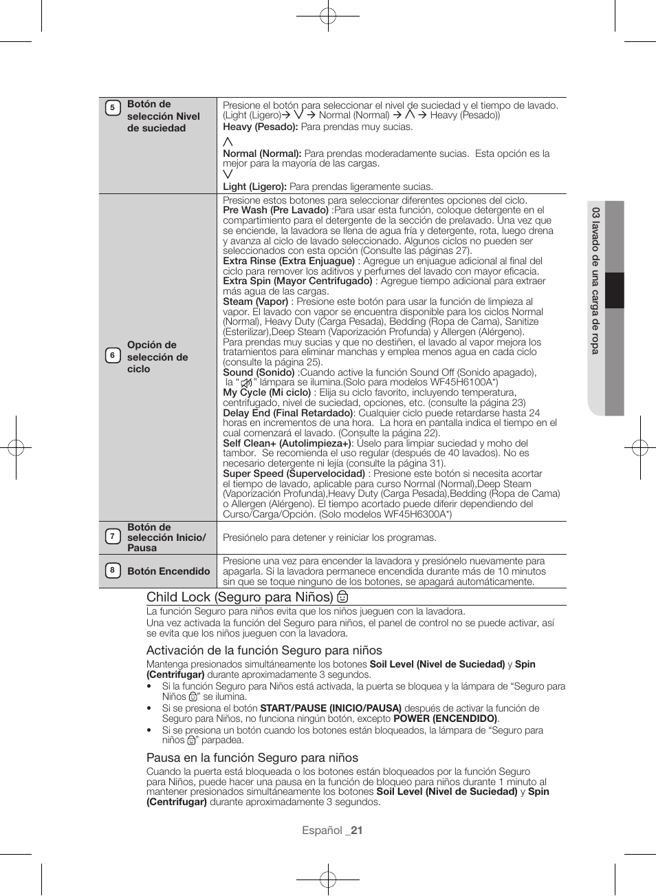 Child lock (seguro para niños) | Samsung WF45H6300AW-A2 User Manual | Page 117 / 144