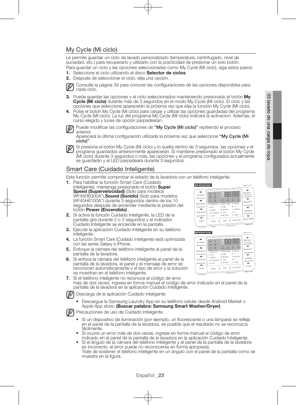 My cycle (mi ciclo), Smart care (cuidado inteligente) | Samsung WF45H6300AW-A2 User Manual | Page 119 / 144
