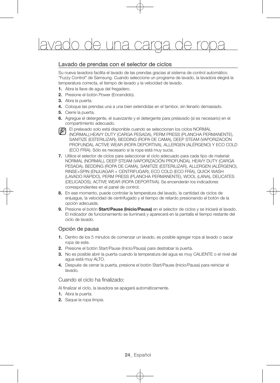 Lavado de una carga de ropa, Lavado de prendas con el selector de ciclos | Samsung WF45H6300AW-A2 User Manual | Page 120 / 144
