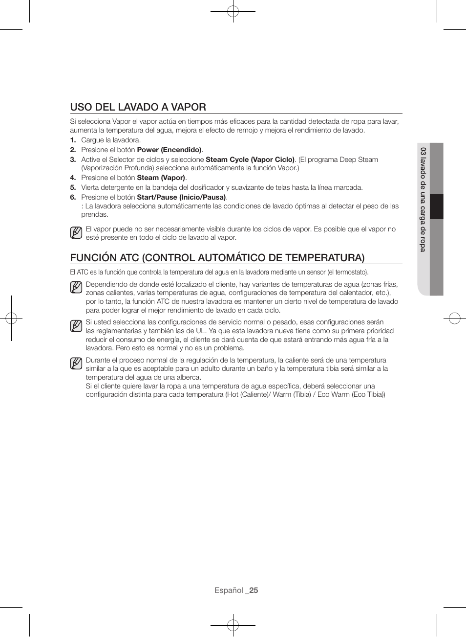 Uso del lavado a vapor, Función atc (control automático de temperatura) | Samsung WF45H6300AW-A2 User Manual | Page 121 / 144