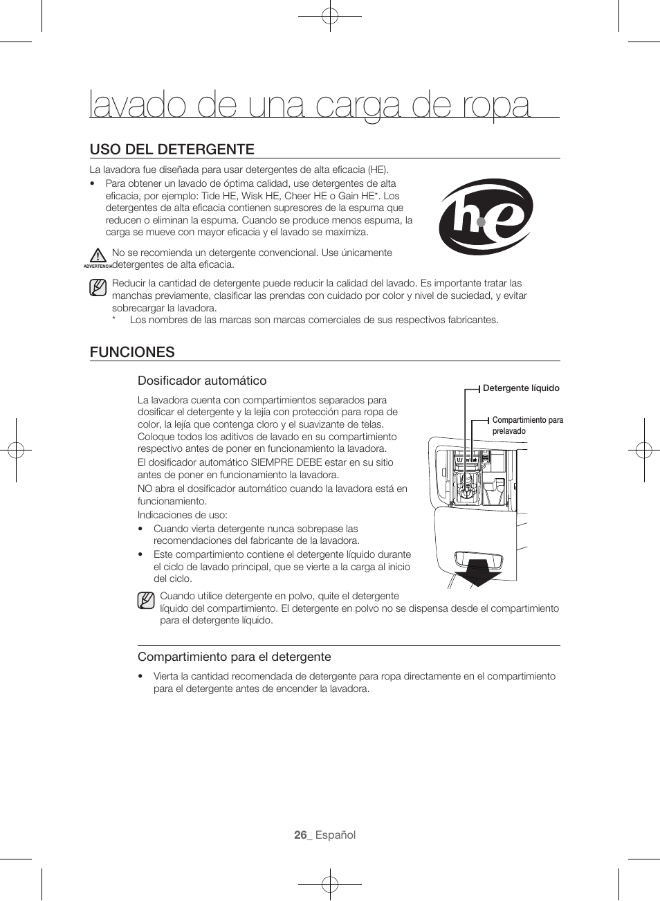 Lavado de una carga de ropa, Uso del detergente, Funciones | Samsung WF45H6300AW-A2 User Manual | Page 122 / 144