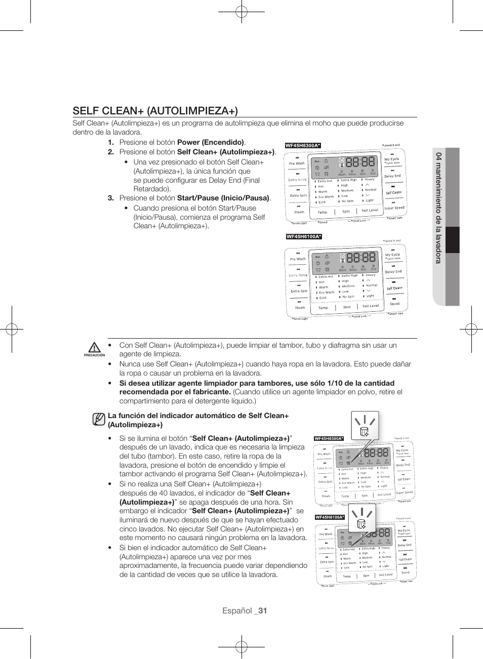 Self clean+ (autolimpieza+) | Samsung WF45H6300AW-A2 User Manual | Page 127 / 144