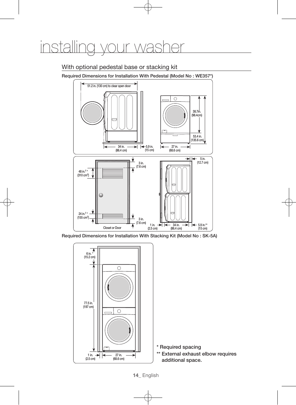 Installing your washer, With optional pedestal base or stacking kit | Samsung WF45H6300AW-A2 User Manual | Page 14 / 144