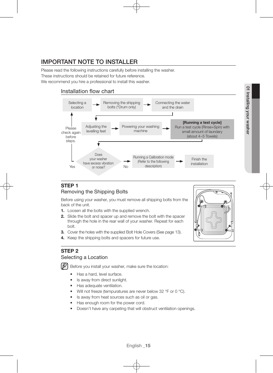 Installation flow chart | Samsung WF45H6300AW-A2 User Manual | Page 15 / 144