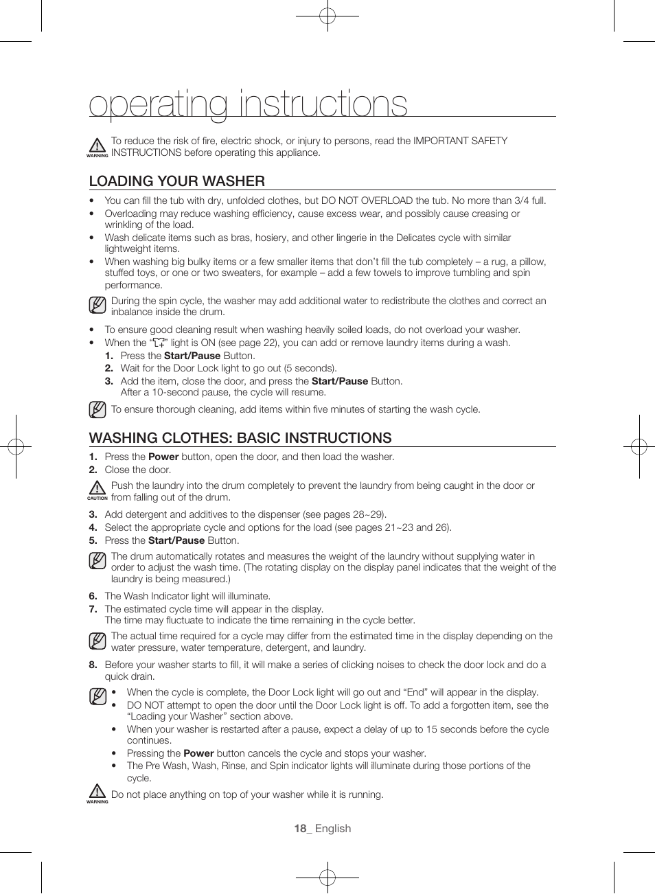 Operating instructions, Loading your washer, Washing clothes: basic instructions | Samsung WF45H6300AW-A2 User Manual | Page 18 / 144
