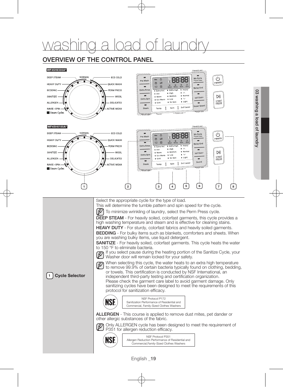 Washing a load of laundry, Overview of the control panel | Samsung WF45H6300AW-A2 User Manual | Page 19 / 144