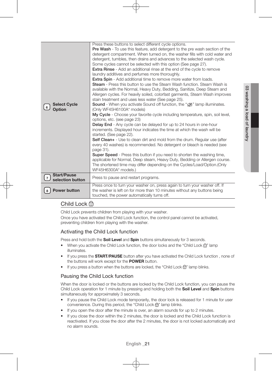 Child lock | Samsung WF45H6300AW-A2 User Manual | Page 21 / 144