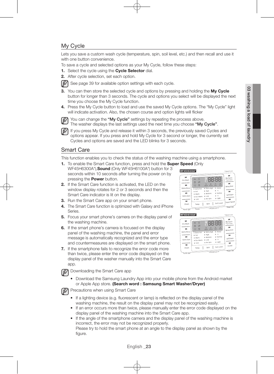 My cycle, Smart care | Samsung WF45H6300AW-A2 User Manual | Page 23 / 144