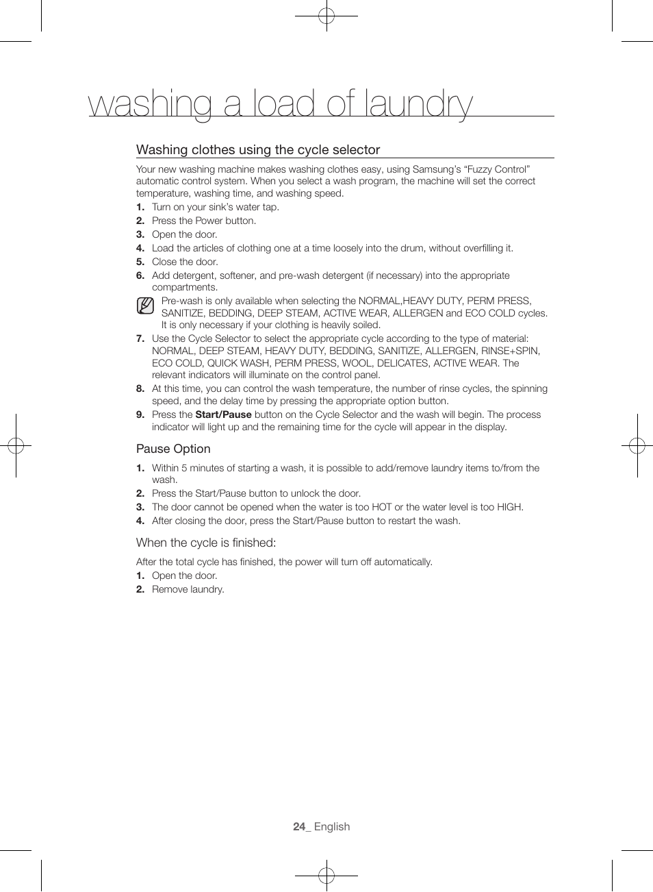 Washing a load of laundry | Samsung WF45H6300AW-A2 User Manual | Page 24 / 144