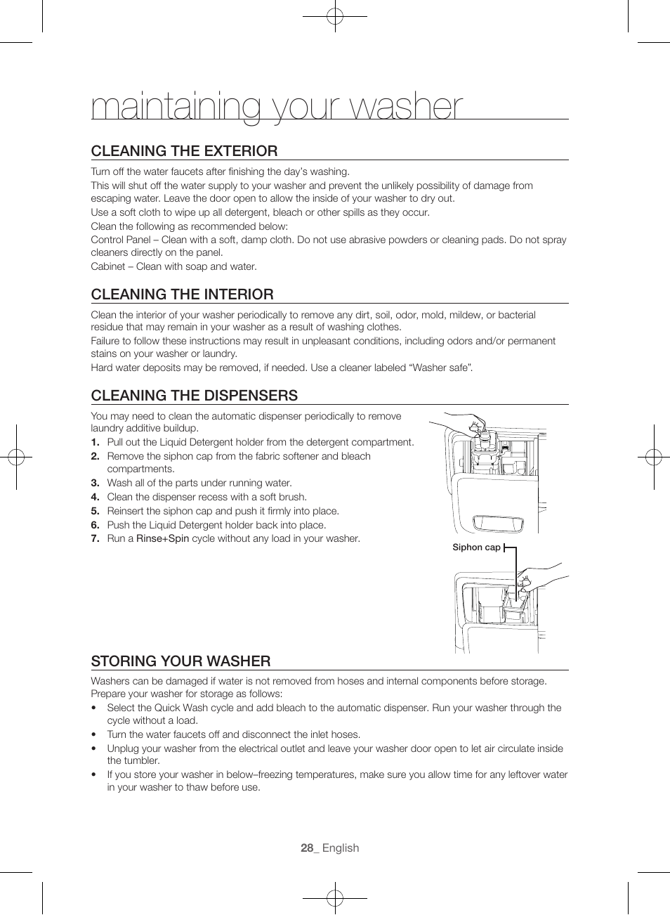 Maintaining your washer, Cleaning the exterior, Cleaning the interior | Cleaning the dispensers, Storing your washer | Samsung WF45H6300AW-A2 User Manual | Page 28 / 144
