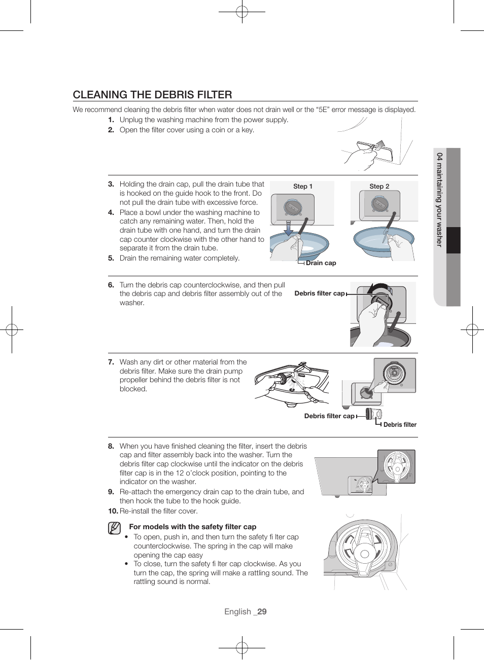 Cleaning the debris filter | Samsung WF45H6300AW-A2 User Manual | Page 29 / 144