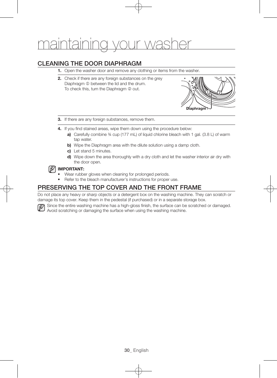 Maintaining your washer, Cleaning the door diaphragm, Preserving the top cover and the front frame | Samsung WF45H6300AW-A2 User Manual | Page 30 / 144