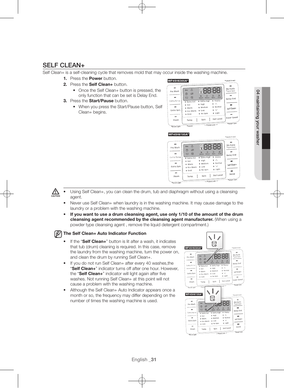 Self clean | Samsung WF45H6300AW-A2 User Manual | Page 31 / 144
