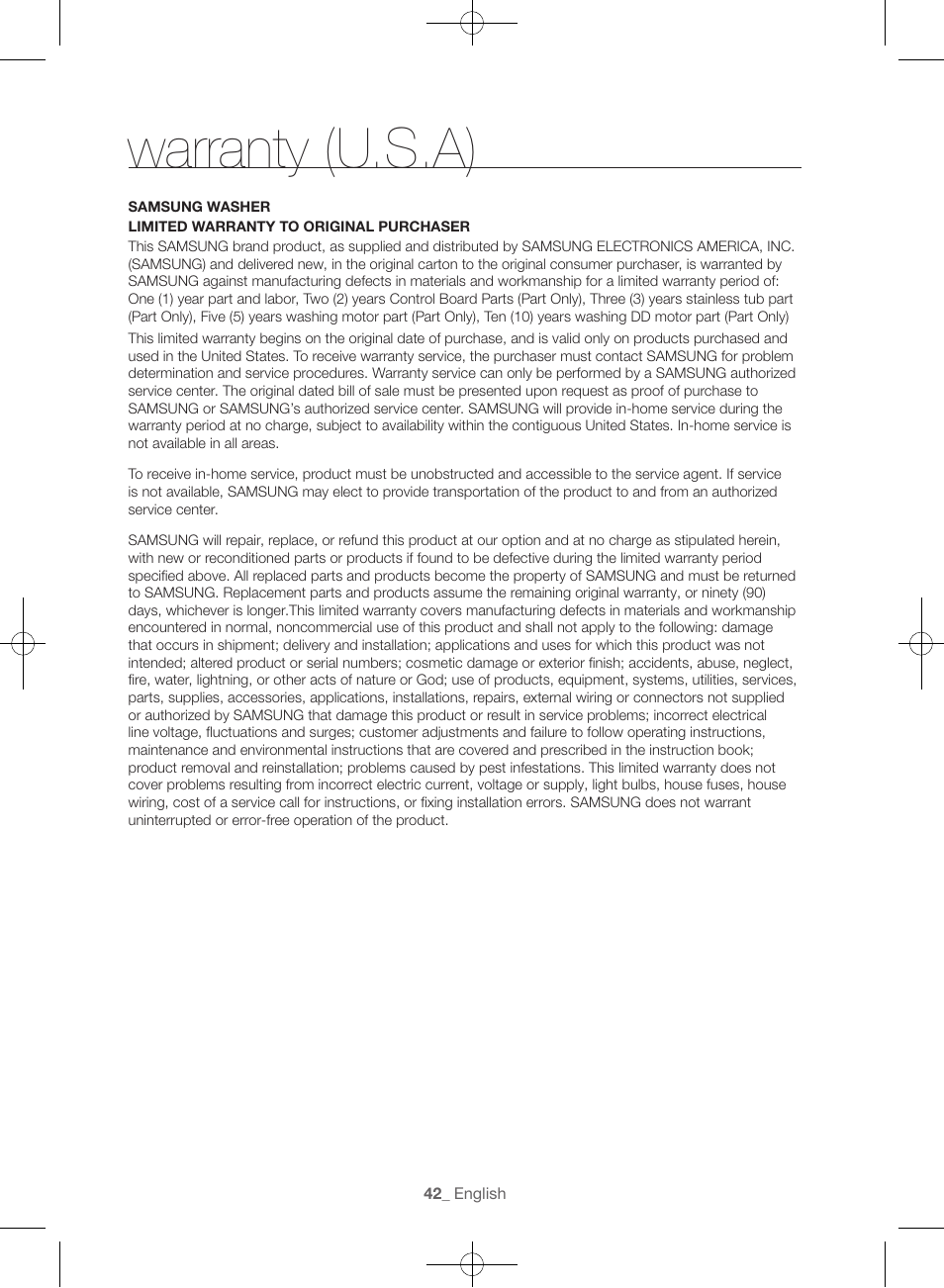 Warranty (u.s.a) | Samsung WF45H6300AW-A2 User Manual | Page 42 / 144
