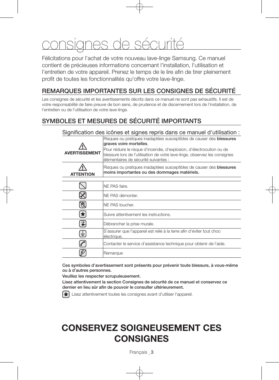Consignes de sécurité, Conservez soigneusement ces consignes, Symboles et mesures de sécurité importants | Samsung WF45H6300AW-A2 User Manual | Page 51 / 144