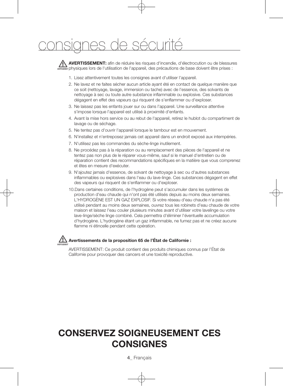 Consignes de sécurité, Conservez soigneusement ces consignes | Samsung WF45H6300AW-A2 User Manual | Page 52 / 144
