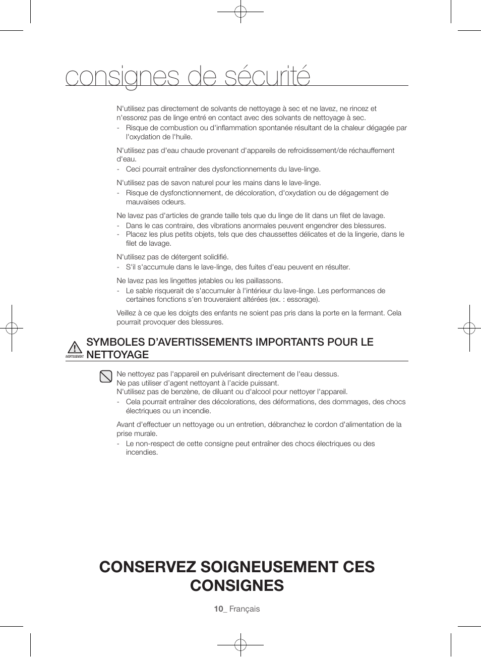 Consignes de sécurité, Conservez soigneusement ces consignes | Samsung WF45H6300AW-A2 User Manual | Page 58 / 144
