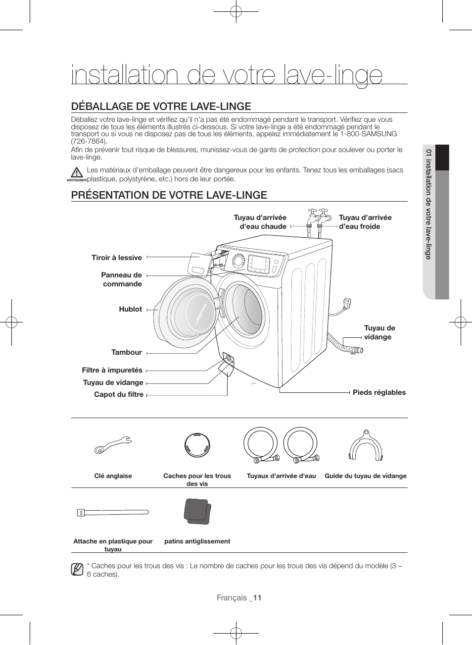 Installation de votre lave-linge, Déballage de votre lave-linge, Présentation de votre lave-linge | Samsung WF45H6300AW-A2 User Manual | Page 59 / 144