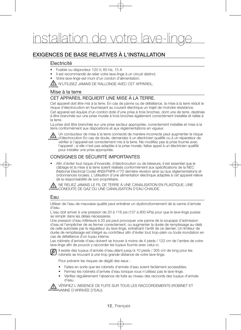 Installation de votre lave-linge, Exigences de base relatives à l'installation, Electricité | Mise à la terre | Samsung WF45H6300AW-A2 User Manual | Page 60 / 144