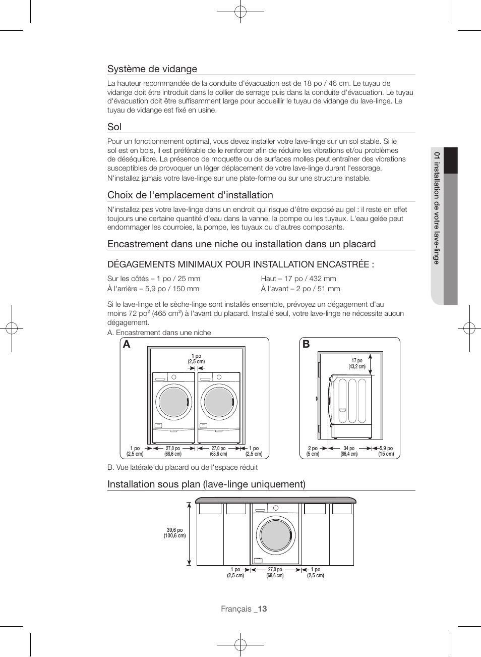 Système de vidange, Choix de l'emplacement d'installation, Installation sous plan (lave-linge uniquement) | Dégagements minimaux pour installation encastrée | Samsung WF45H6300AW-A2 User Manual | Page 61 / 144