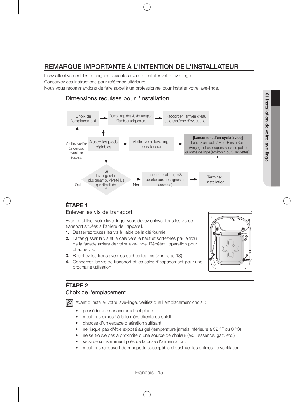 Dimensions requises pour l’installation | Samsung WF45H6300AW-A2 User Manual | Page 63 / 144