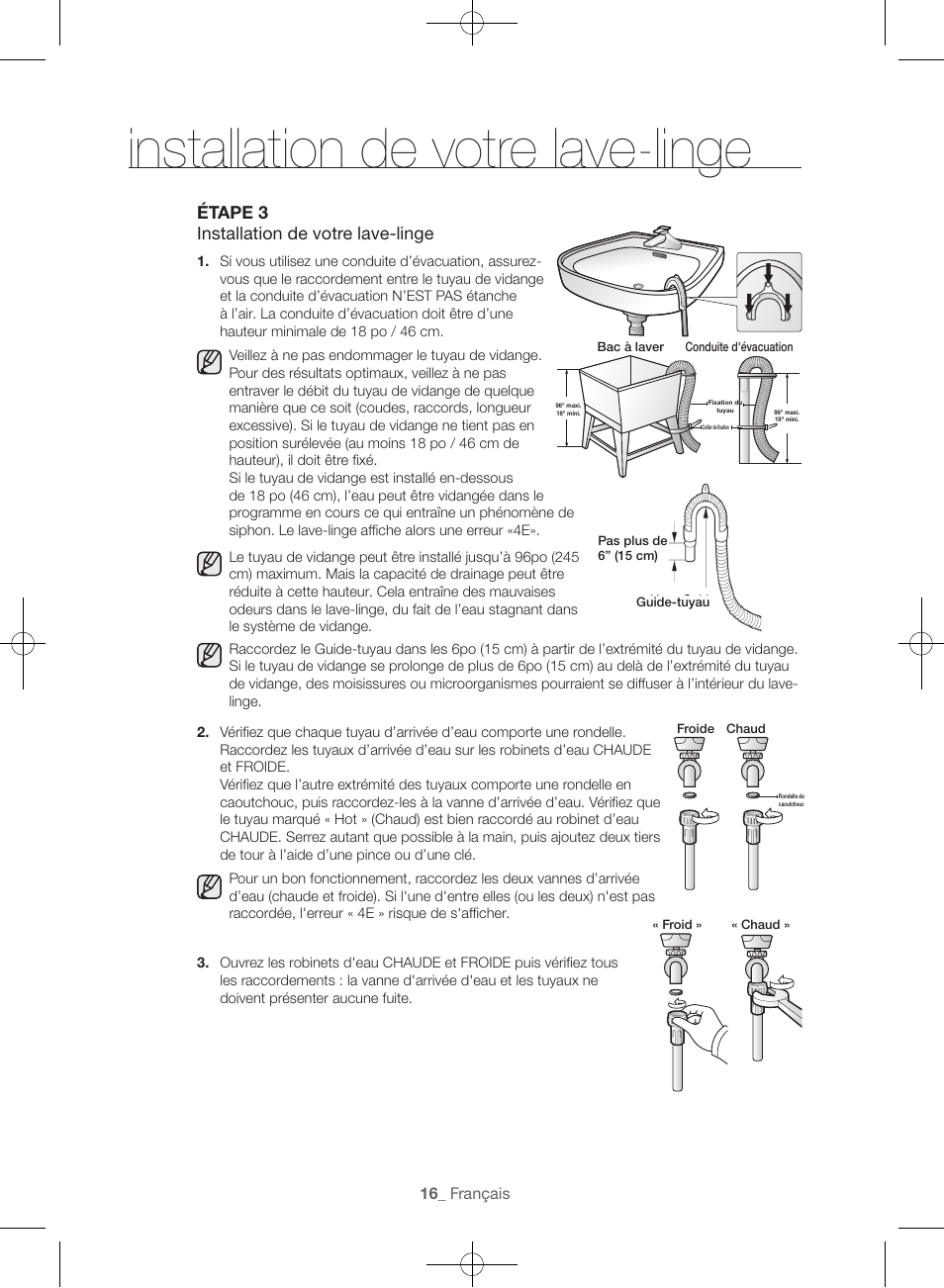 Installation de votre lave-linge, Étape 3 installation de votre lave-linge | Samsung WF45H6300AW-A2 User Manual | Page 64 / 144