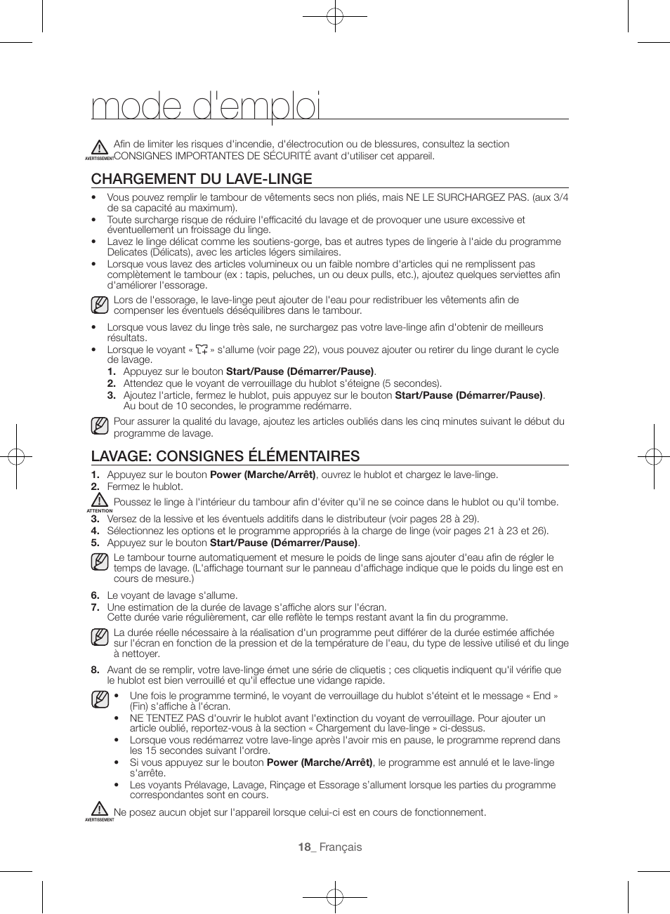 Mode d'emploi, Chargement du lave-linge, Lavage: consignes élémentaires | Samsung WF45H6300AW-A2 User Manual | Page 66 / 144