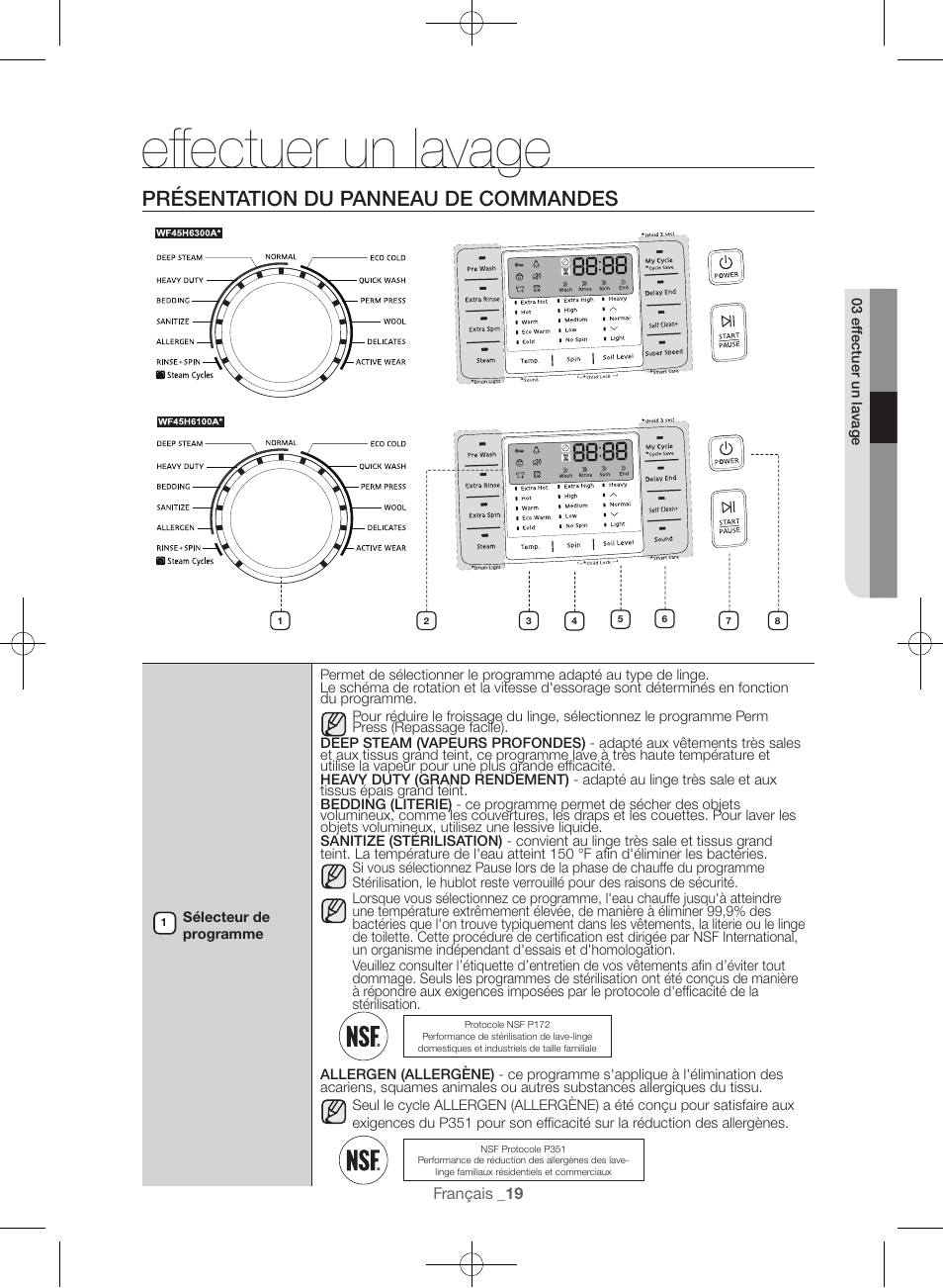Effectuer un lavage, Présentation du panneau de commandes | Samsung WF45H6300AW-A2 User Manual | Page 67 / 144