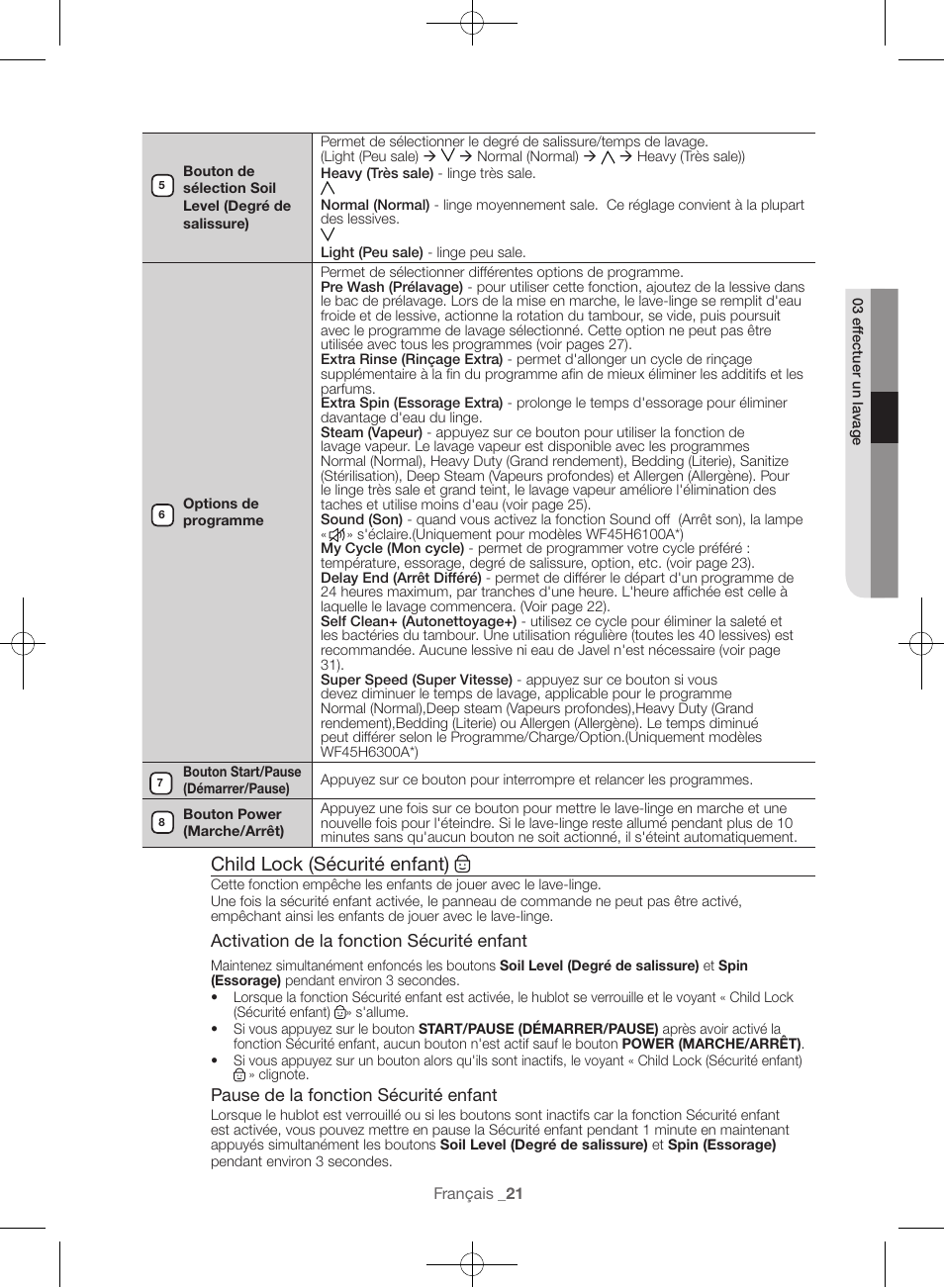 Child lock (sécurité enfant) | Samsung WF45H6300AW-A2 User Manual | Page 69 / 144