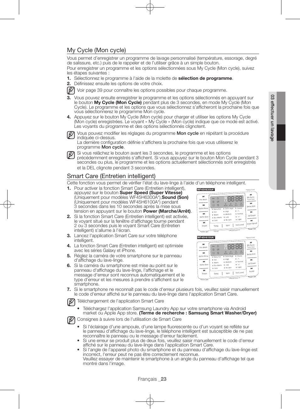 My cycle (mon cycle), Smart care (entretien intelligent) | Samsung WF45H6300AW-A2 User Manual | Page 71 / 144