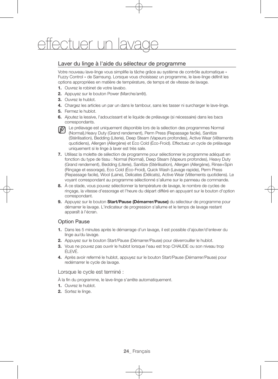 Effectuer un lavage, Laver du linge à l'aide du sélecteur de programme | Samsung WF45H6300AW-A2 User Manual | Page 72 / 144