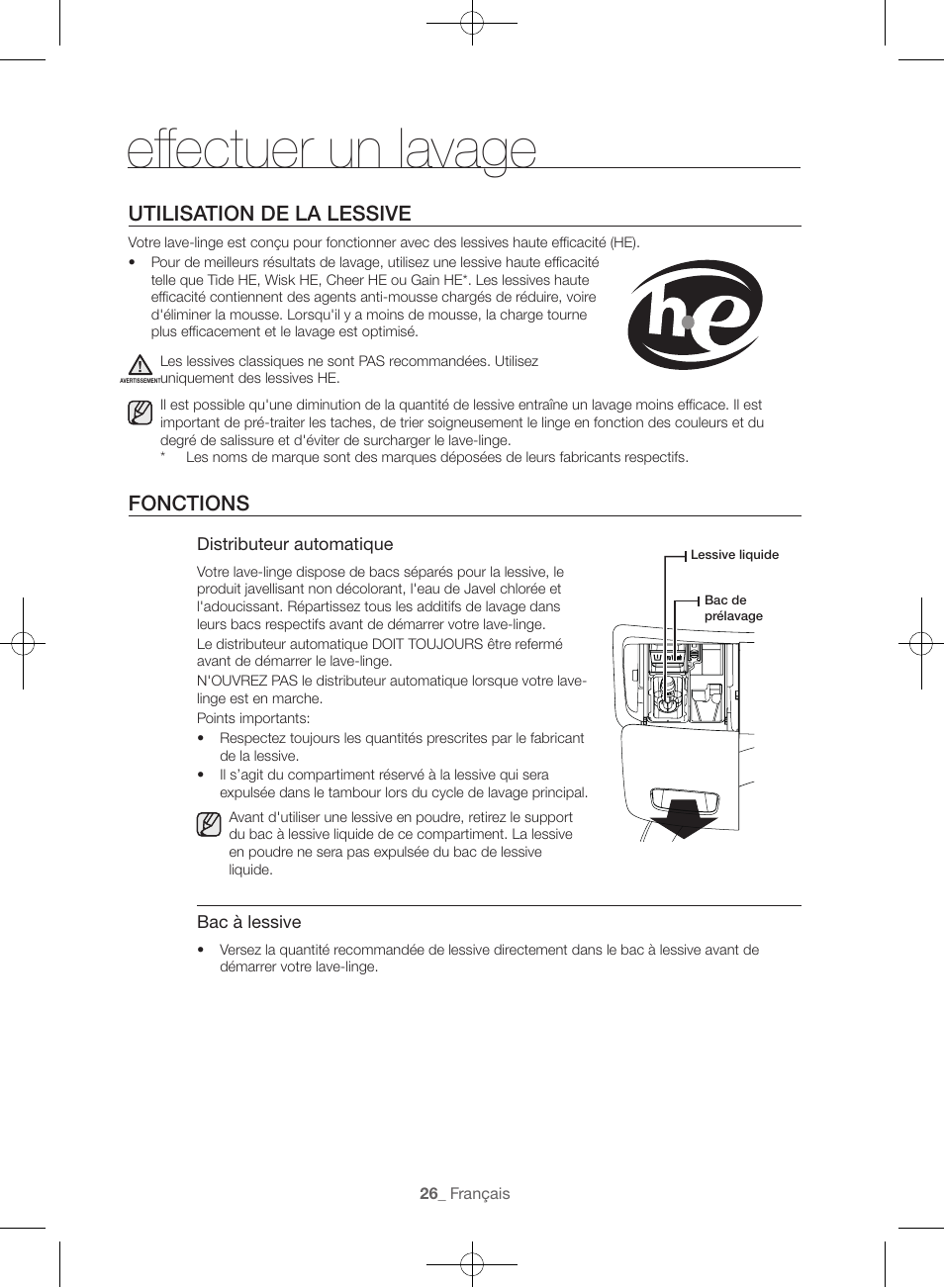 Effectuer un lavage, Utilisation de la lessive, Fonctions | Samsung WF45H6300AW-A2 User Manual | Page 74 / 144