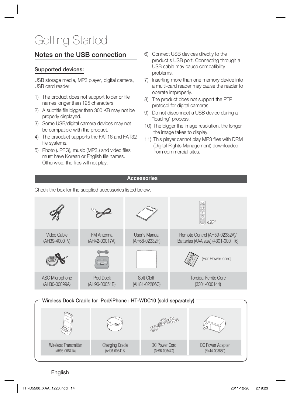 Getting started | Samsung HT-D5500-ZA User Manual | Page 14 / 85