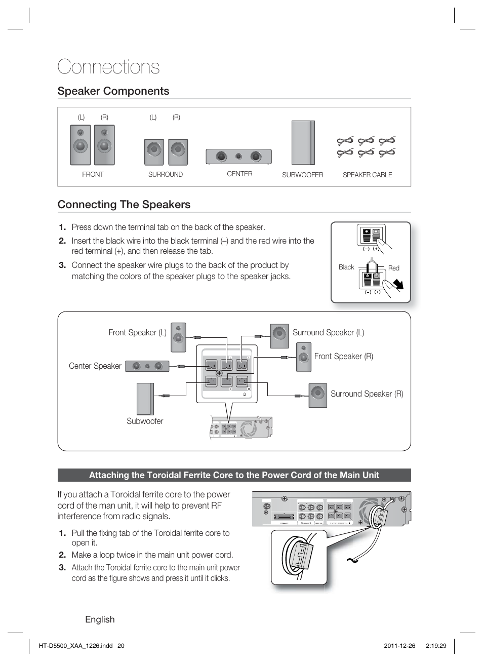 Connections, Speaker components, Connecting the speakers | English, Surround speaker (l) | Samsung HT-D5500-ZA User Manual | Page 20 / 85