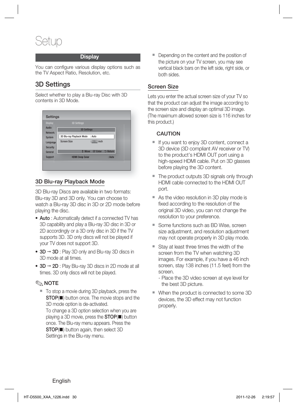 Setup, 3d settings | Samsung HT-D5500-ZA User Manual | Page 30 / 85